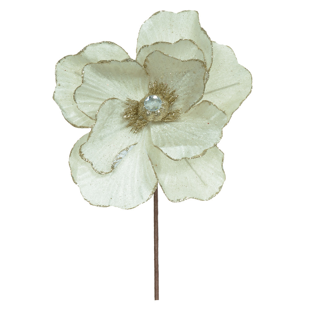 FLOR MAGNOLIA BRANCA COM GLITTER 15CM