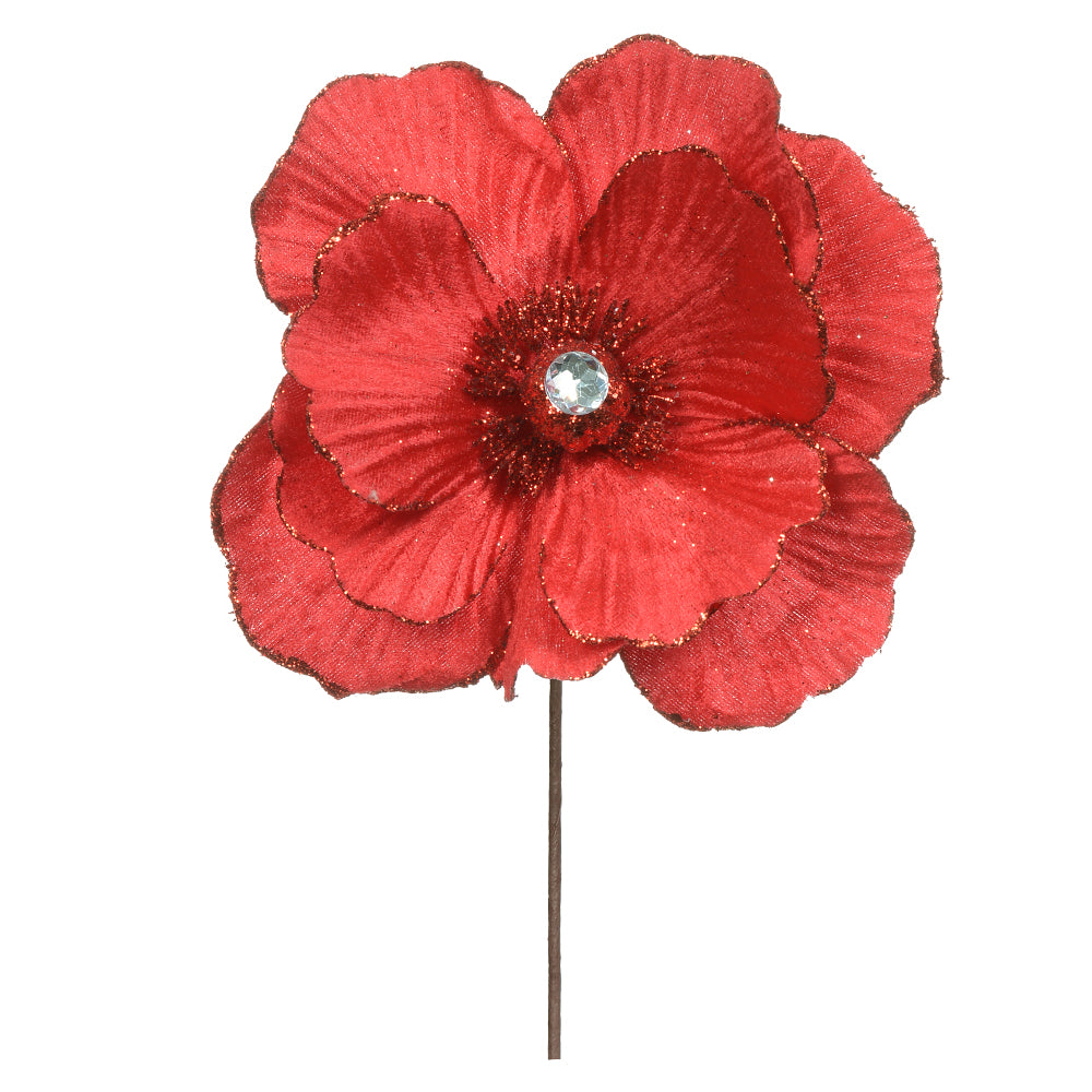 FLOR MAGNOLIA VERMELHA COM GLITTER 15CM