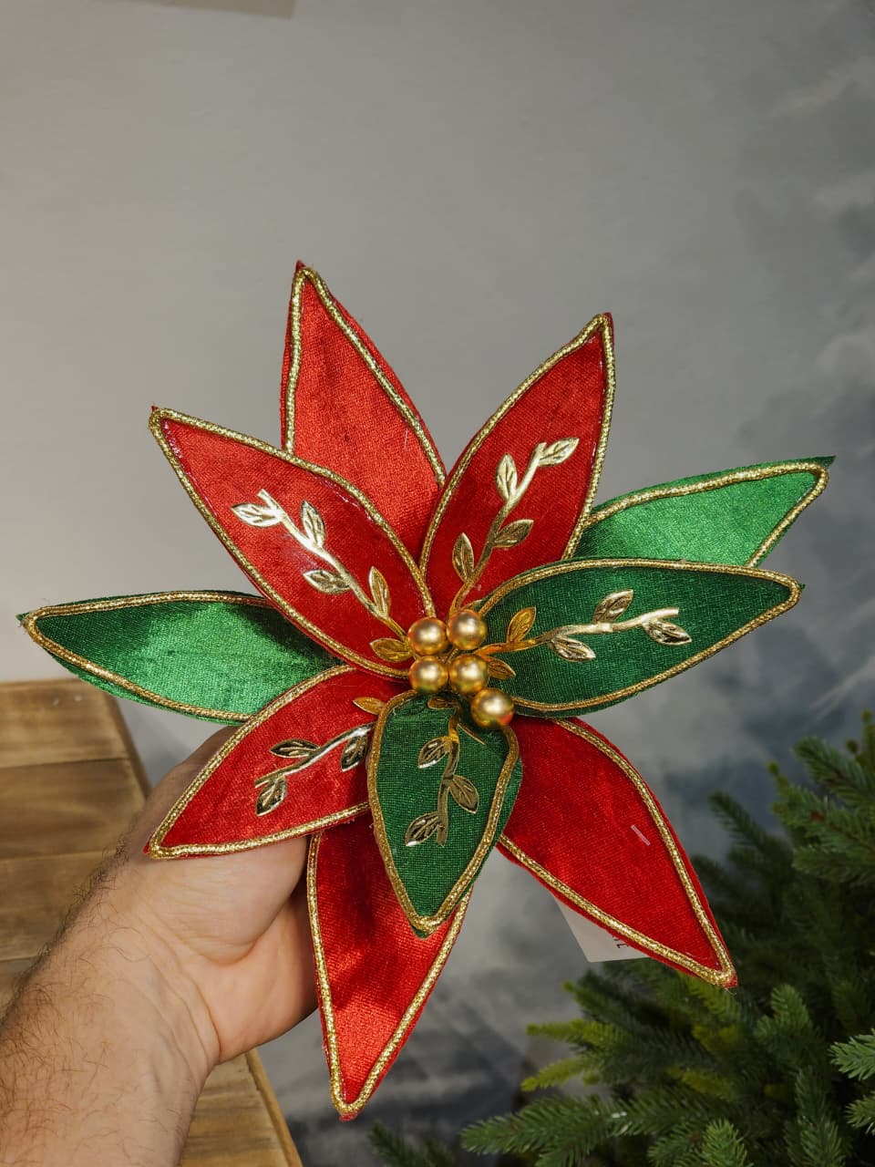 FLOR BICO DE PAPAGAIO VERMELHO, VERDE COM DOURADO 31CM