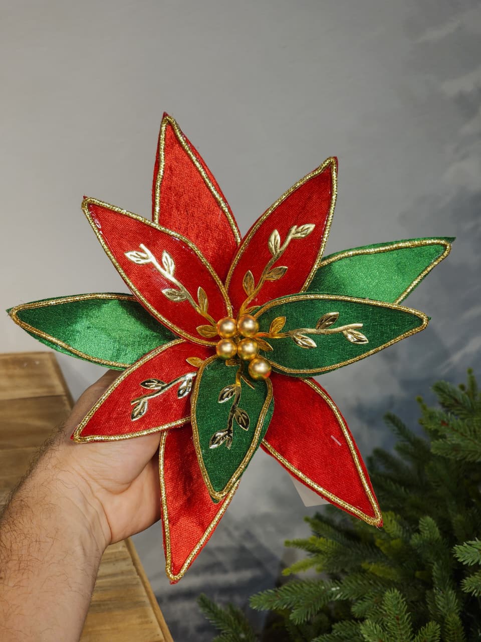 FLOR BICO DE PAPAGAIO VERMELHO, VERDE COM DOURADO 31CM