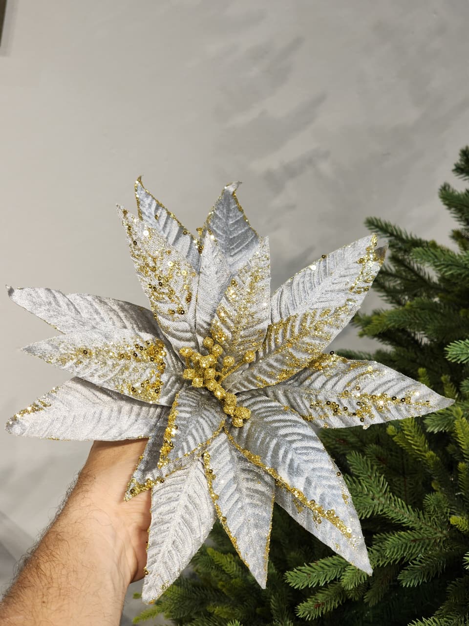 FLOR BICO DE PAPAGAIO PRATA E DOURADO AVELUDADO 33CM