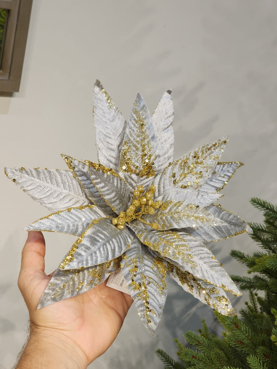 FLOR BICO DE PAPAGAIO PRATA E DOURADO AVELUDADO 33CM