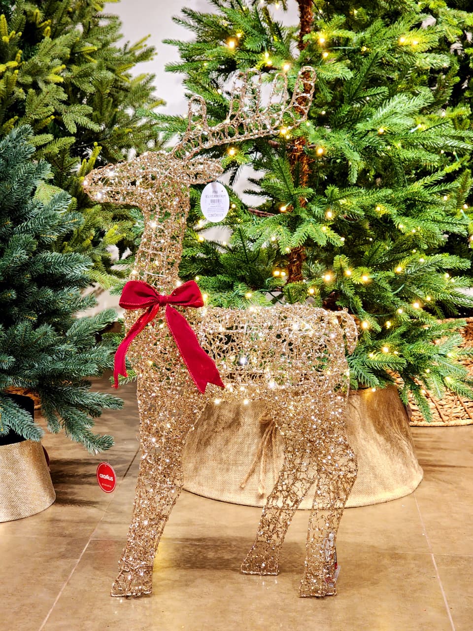 RENA EM PÉ ARAMADA COM LED E LAÇO CHAMPANHE 60CM